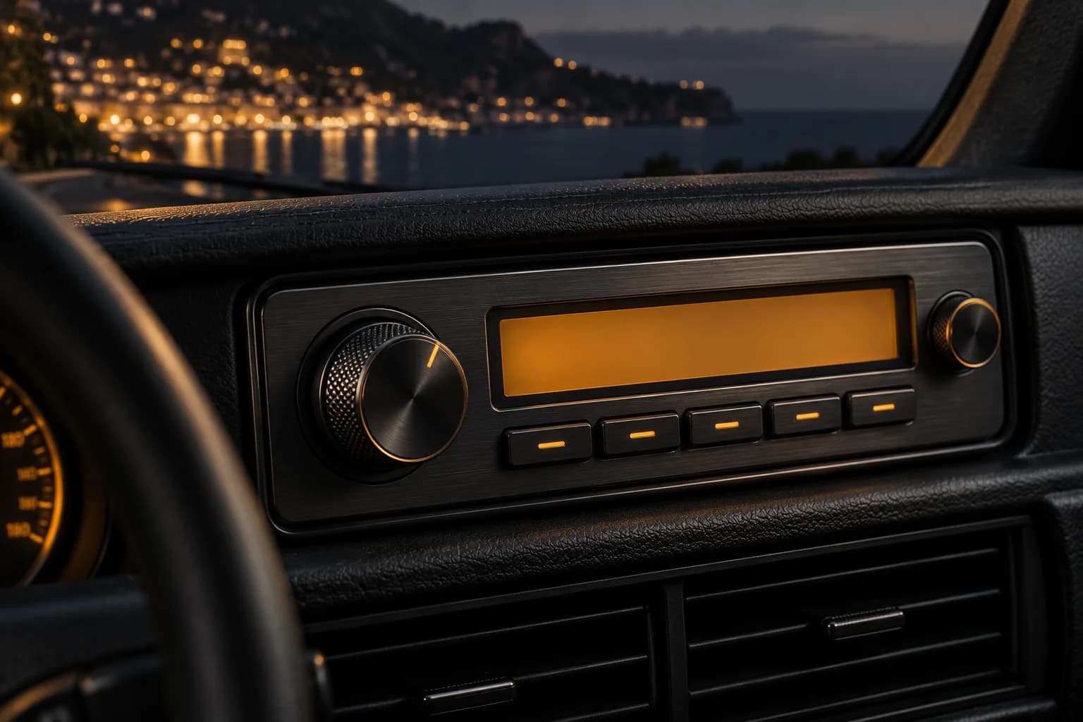 Dunkles Autoradio mit bernsteinfarbener Anzeige vor unscharfen Hafenlichtern.