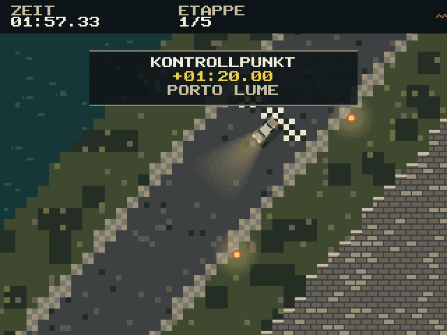 Gameplay: Kontrollpunkt-Overlay mit Zeitbonus und Etappenname.