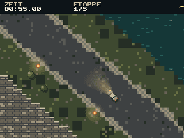 Gameplay: das Coupé mit Scheinwerferlicht auf der Küstenstrasse von Porto Lume, Laternen und Meer.