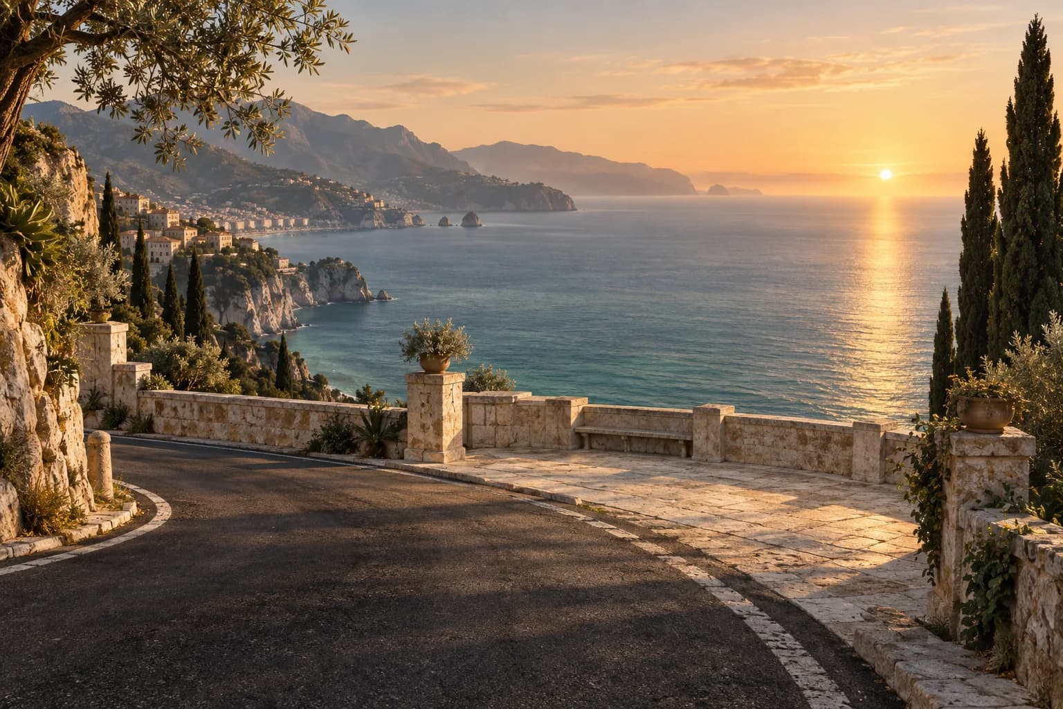 Heller Aussichtspunkt aus Kalkstein über dem Meer bei Sonnenaufgang.