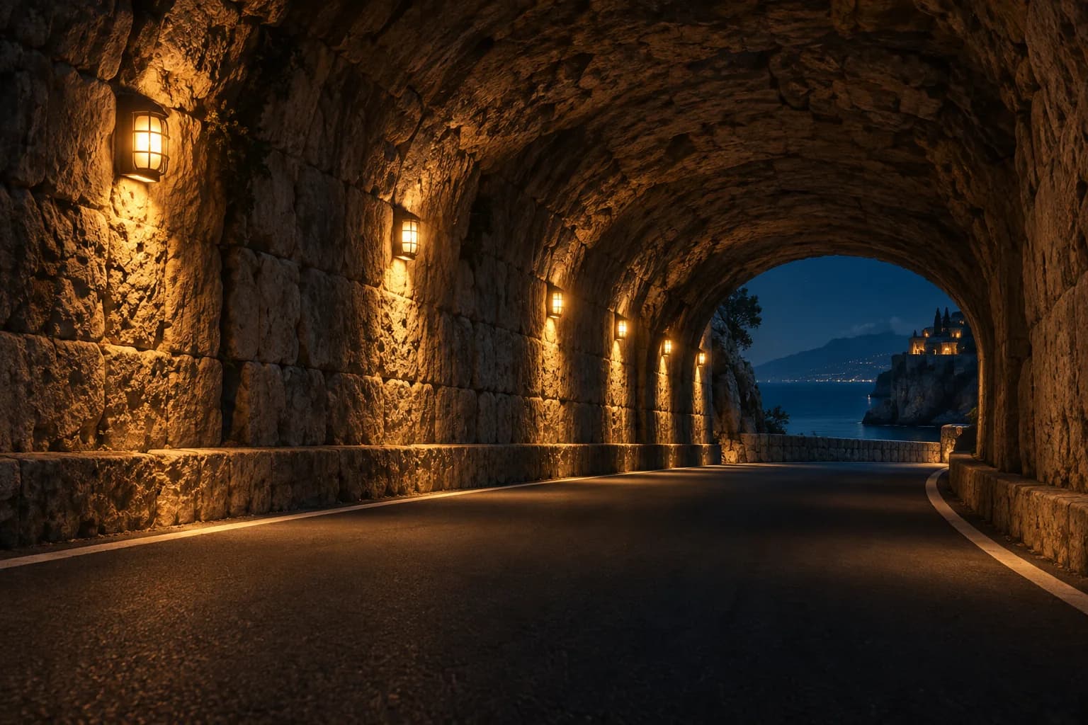 Warme Wandlampen beleuchten einen alten Küstentunnel.